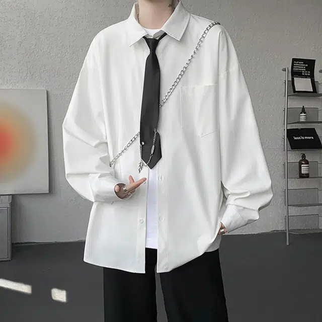 一碗士多 自带领结胸针高级感纯色个性小众设计时尚痞帅美式复古户外通勤日常聚会百搭舒适宽松柔软亲肤单排扣落肩翻领长袖 衬衫 男女同款