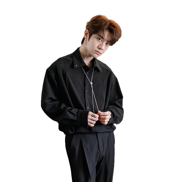 一碗士多 项链纯色时尚简约翻领纽扣铆钉垂感飞机扣韩系西装痞帅高街气质高级感慵懒风松弛感宽松百搭休闲衬衫 男女同款