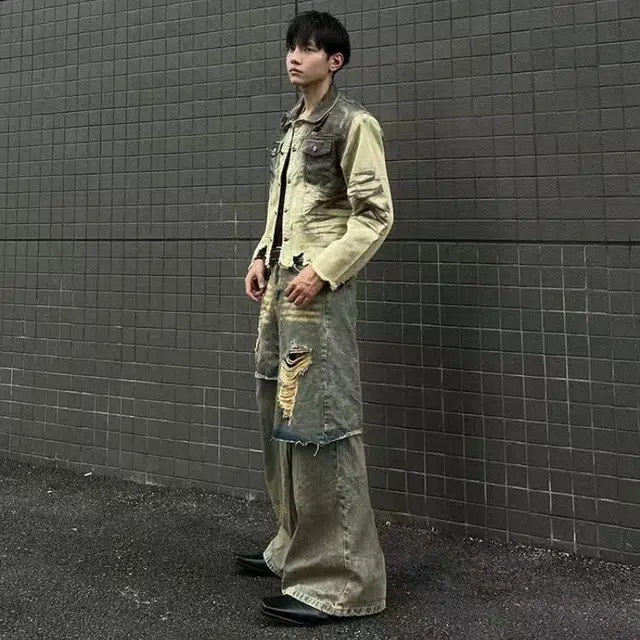 一碗士多 破洞假两件猫须水洗做旧磨白拖地美式高街潮流痞帅时尚炸街流行废土风设计感小众重工牛仔裤 男女同款