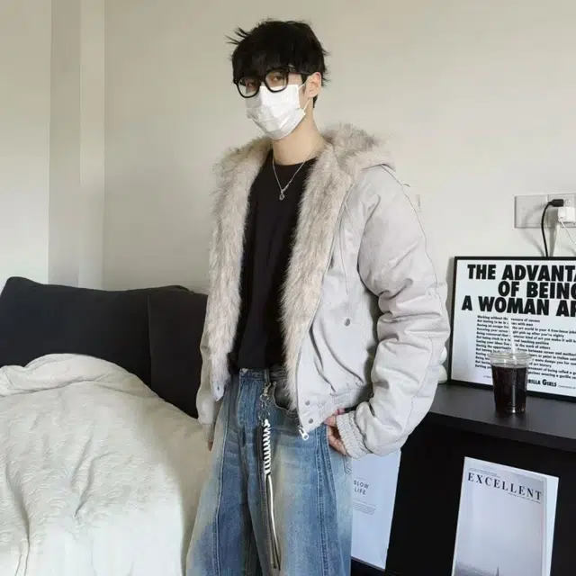 一碗士多 解构裁片纯色毛绒连帽座山雕防风保暖小众高级设计感工装无性别主义不挑人宽松舒适百搭日常城市户外通勤情侣慵懒风棉服 男女同款