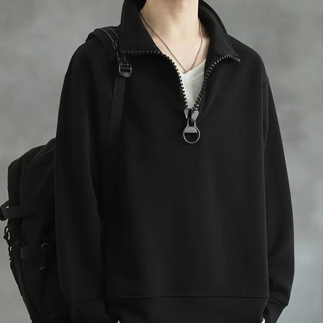 一碗士多 美式小众复古高街百搭经典纯色领口假两件半拉链设计独特撞色下摆宽松舒适垂感日常通勤户外运动简约基础款卫衣 男女同款