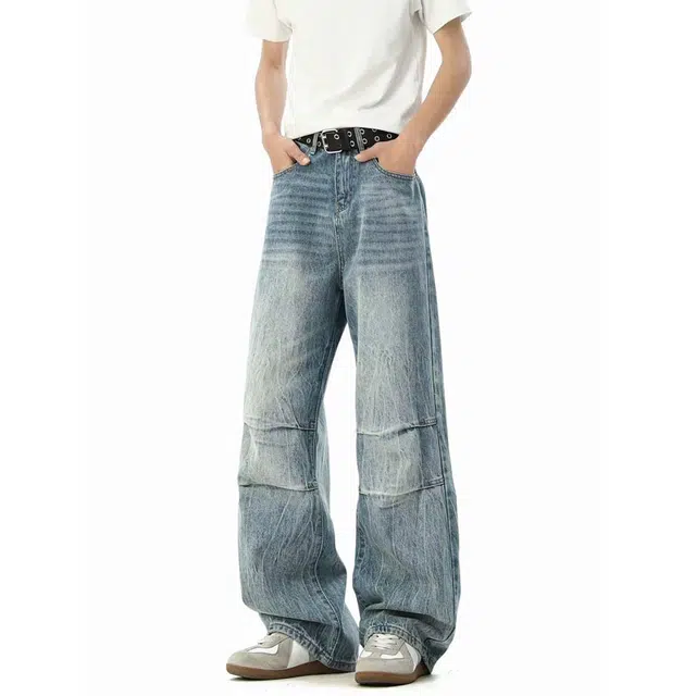 一碗士多 褶皱水洗做旧渐变设计感解构美式高街直筒阔腿裤宽松日常百搭韩系潮流小众牛仔裤 男女同款
