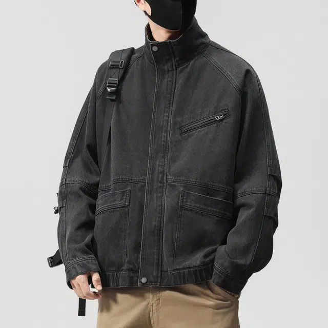 一碗士多 纯色水洗做旧多口袋拼接拉链装饰立领撞色创意个性小众设计时尚百搭宽松休闲日常户外通勤潮流高街工装夹克 男女同款