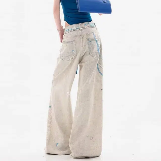 一碗士多 印花泼墨蕾丝珍珠设计感高级韩系松弛感脏染水洗做旧慵懒风穿搭海滩度假风日常百搭拖地旅游牛仔裤 男女同款