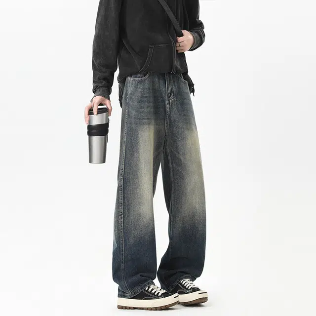 一碗士多 美式高街复古小众百搭简约渐变经典做旧水洗基础款日常通勤微喇垂感拖地宽松阔腿直筒牛仔裤 男女同款