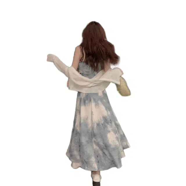 一碗士多 甜辣风扎染碎花吊带套装女春夏薄款防晒开衫油墨画收腰长裙吊袋连衣裙 女款