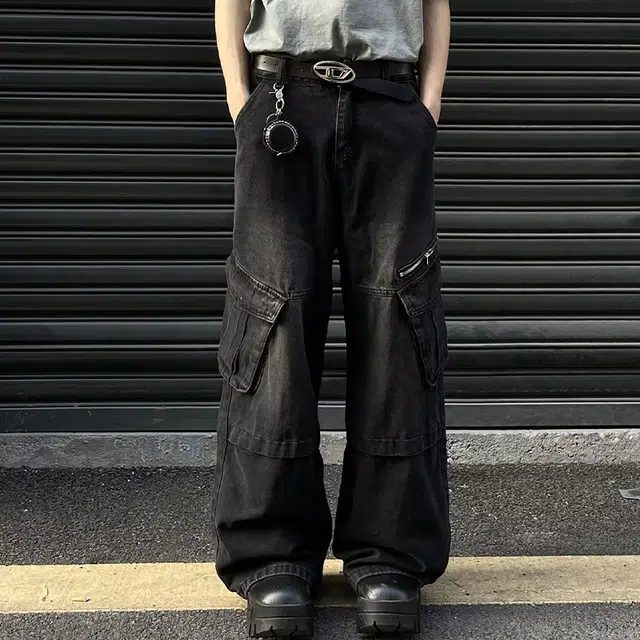 一碗士多 美式复古高街小众百搭基础款做旧水洗舒适亲肤宽松阔腿直筒裤子运动户外通勤废土风多口袋设计牛仔裤 男女同款