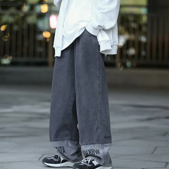 一碗士多 美式高街小众百搭简约拼接字母做旧日常通勤户外运动垂感阔腿直筒拖地基础款牛仔裤 男女同款