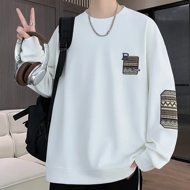 一碗士多 美式高街百搭复古小众简约纯色基础款独特刺绣设计宽松舒适亲肤垂感日常通勤户外圆领卫衣 男女同款