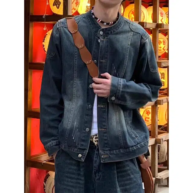 一碗士多 拼接结构抓痕纽扣美式复古高街时尚流行痞帅个性高级设计日常通勤宽松舒适百搭不挑人夹克 男女同款