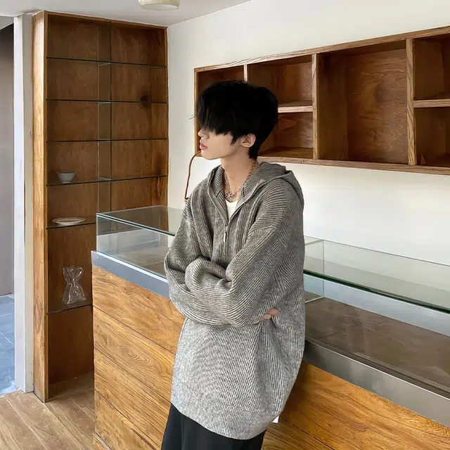 一碗士多 纯色条纹美式复古百搭小众极简痞帅高街拉链半开襟宽松舒适通勤户外日常连帽长袖针织衫 男女同款