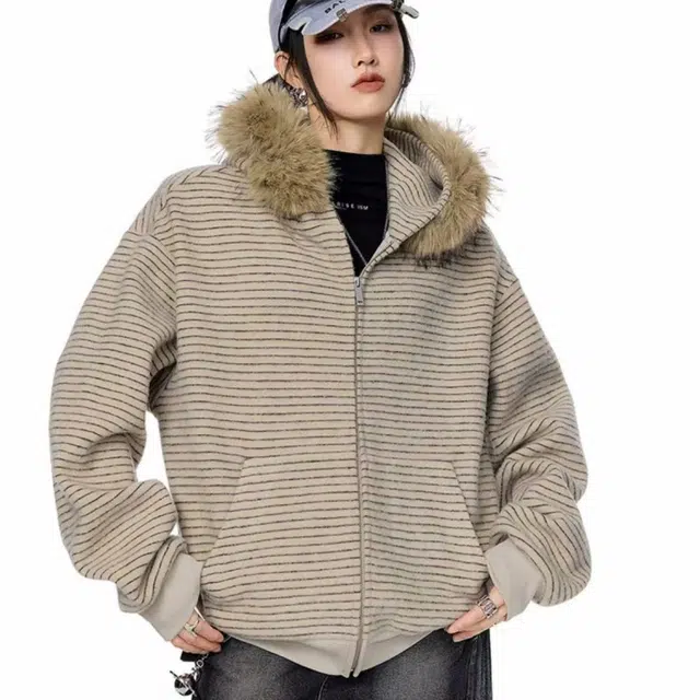 一碗士多 条纹拼色毛领静默美式复古休闲百搭宽松小众个性化高级感防风情侣日常城市户外通勤出街拍照无性别主义慵懒感卫衣 男女同款