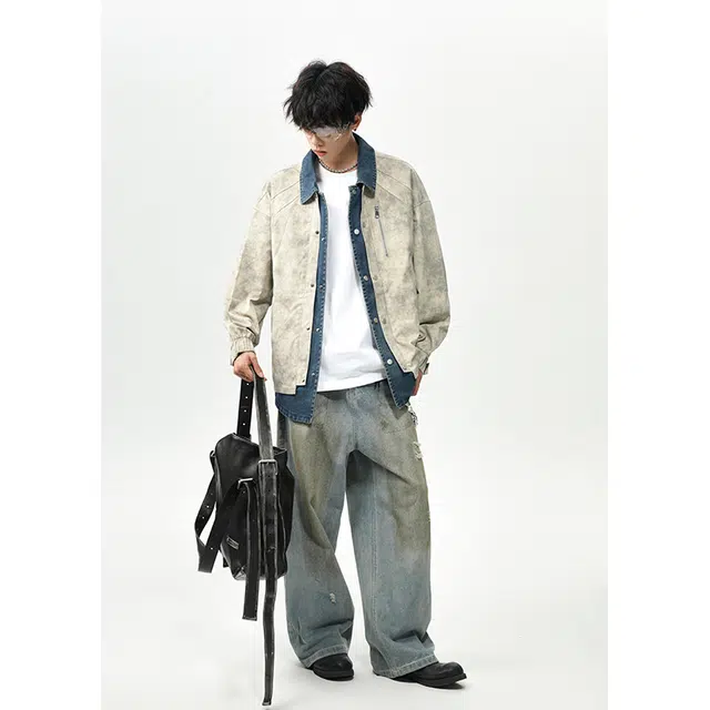 一碗士多 美式复古假两件牛仔拼接撞色高级感趣味设计个性小众时尚潮流户外通勤日常百搭防风休闲潮牌舒适宽松翻领落肩单排扣夹克 男女同款