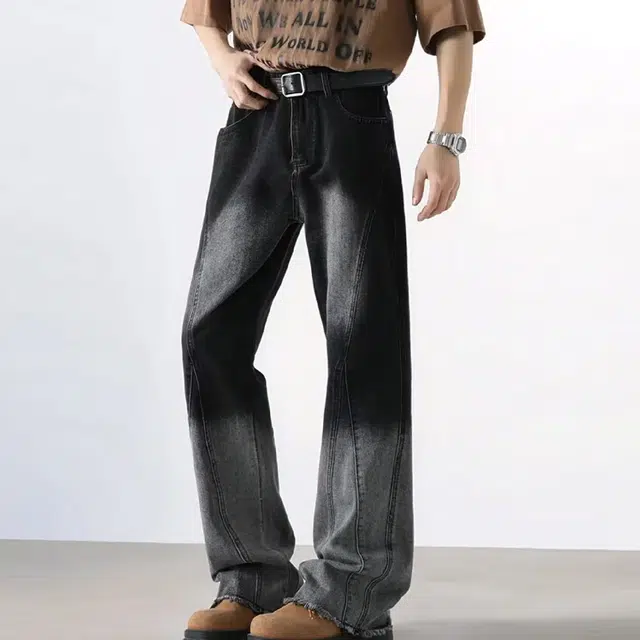 一碗士多 美式经典复古高街小众百搭做旧水洗渐变拼接设计痞帅通勤户外宽松微喇显高显瘦垂感拖地阔腿直筒裤子牛仔裤 男女同款