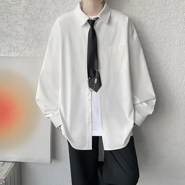 一碗士多 自带领结胸针高级感纯色个性小众设计时尚痞帅美式复古户外通勤日常聚会百搭舒适宽松柔软亲肤单排扣落肩翻领长袖 衬衫 男女同款