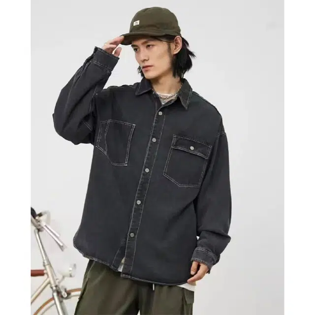 一碗士多 水洗做旧口袋美式复古高街时尚流行痞帅个性高级设计日常通勤宽松舒适百搭不挑人衬衫 男女同款