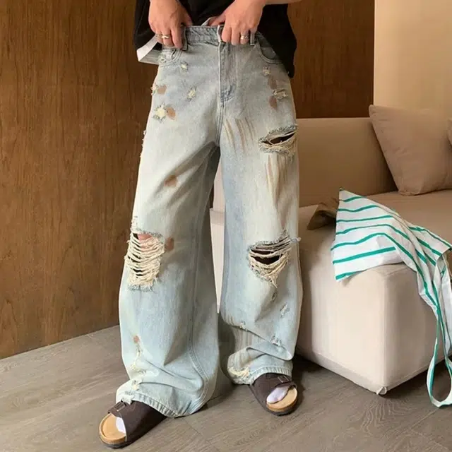 一碗士多 刷漆破洞水洗磨白做旧美式高街潮流痞帅拖地设计感宽松小众不对称复古屁直筒废土风牛仔裤 男女同款