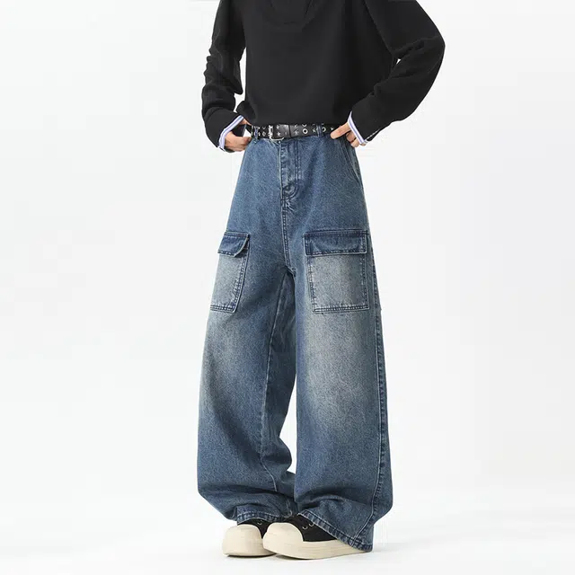 一碗士多 美式高街小众复古百搭经典做旧水洗拼接多口袋设计显高显瘦户外日常基础款宽松垂感拖地阔腿直筒牛仔裤 男女同款