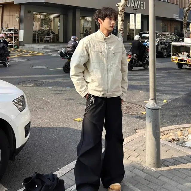 一碗士多 美式复古小众百搭纯色简约宽松日常通勤户外运动解构明线设计褶皱水洗帆布长袖夹克 男女同款