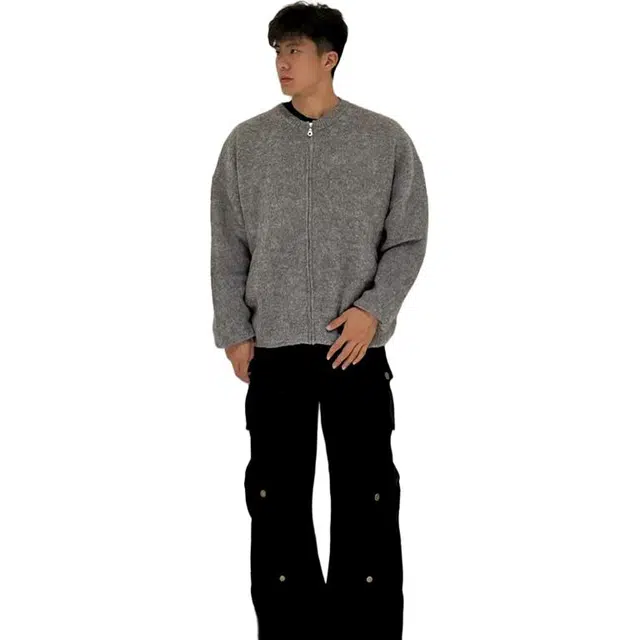 一碗士多 美式复古小众百搭纯色简约扎染拉链通勤日常户外个性时尚保暖宽松舒适柔软圆领落肩袖针织衫 男女同款