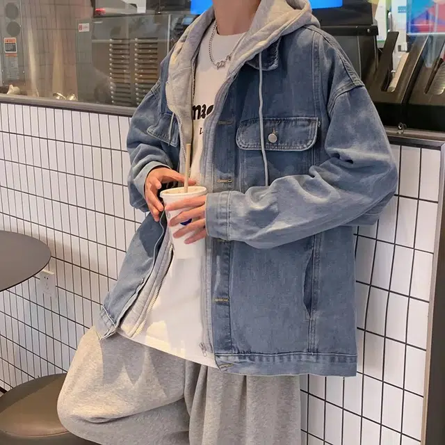 一碗士多 多风格假两件连帽潮流牛仔外套 男女同款