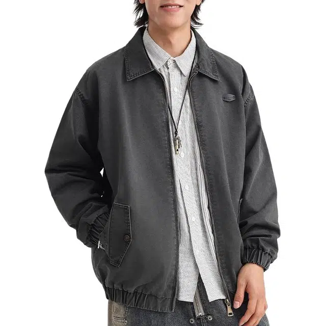 一碗士多 底特律宽松美式复古高街百搭纯色简约个性经典拉链时尚舒适褶皱设计感落肩袖翻领痞帅夹克 男女同款