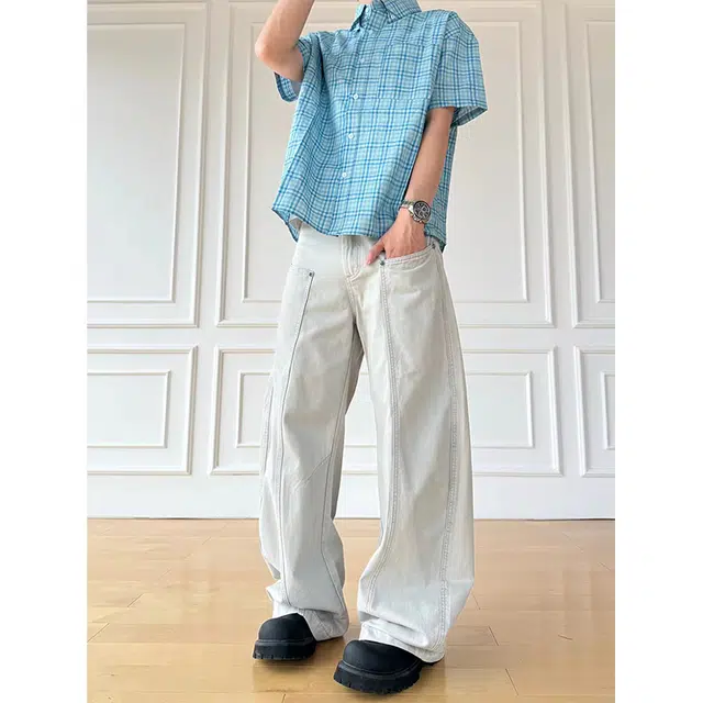 一碗士多 绿松石撞钉装饰拼接解构弯刀阔腿立体裁剪美式复古高街小众设计高级感日常户外通勤宽松百搭舒适显高显瘦痞帅风牛仔裤 男女同款