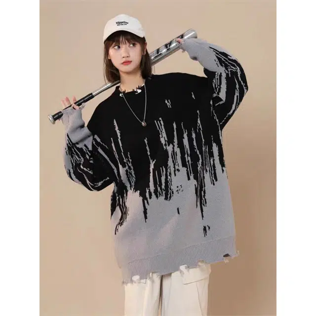 一碗士多 拼接解构撞色不规则美式复古高街时尚流行痞帅个性高级设计日常通勤宽松舒适百搭不挑人针织衫 男女同款