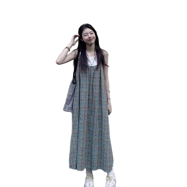一碗士多 法式复古格子女夏季海边度假显瘦长裙两件套装吊带连衣裙 女款