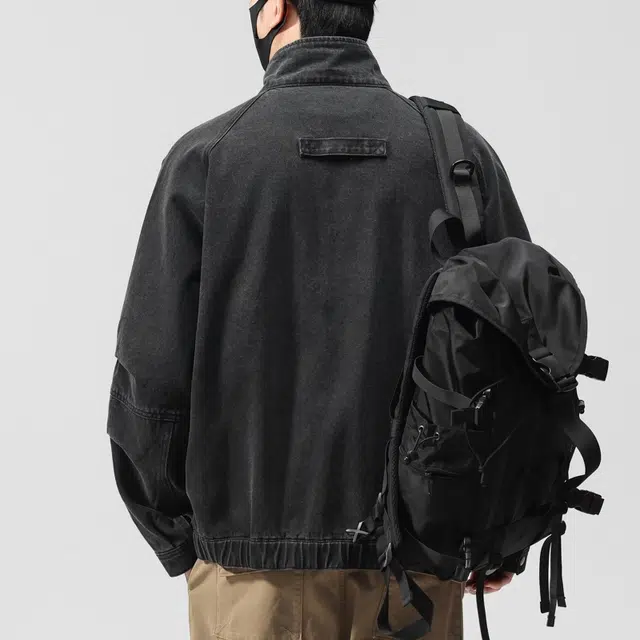 一碗士多 纯色水洗做旧多口袋拼接拉链装饰立领撞色创意个性小众设计时尚百搭宽松休闲日常户外通勤潮流高街工装夹克 男女同款