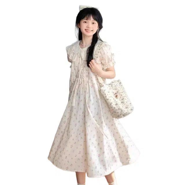 一碗士多 甜美清新蕾丝拼接系带风初恋女夏季学生收腰显瘦中长裙短袖连衣裙 女款