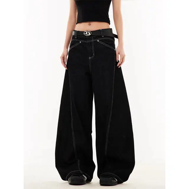 一碗士多 线条解构拼接设计简约立体裁剪弯刀阔腿个性化高级感显高显瘦无性别主义日常户外通勤出街宽松舒适百搭慵懒感牛仔裤 男女同款