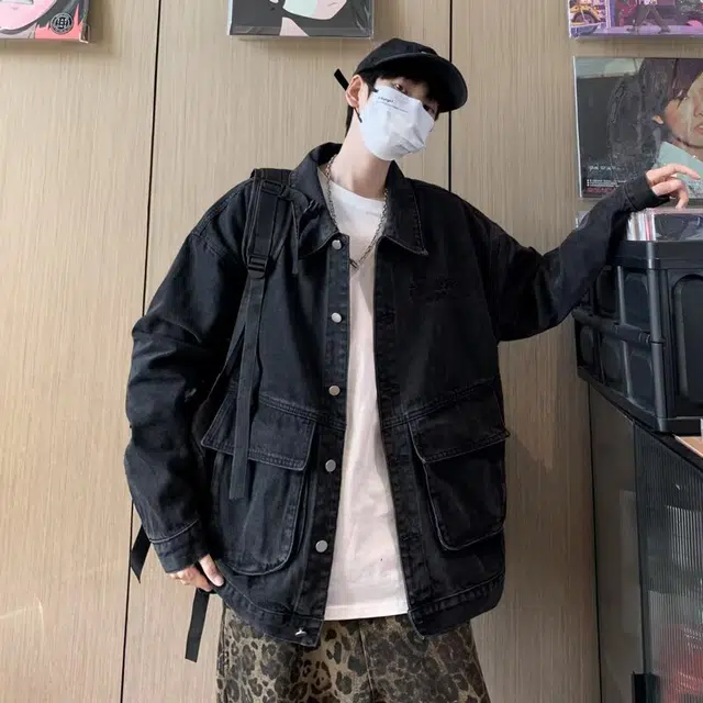 一碗士多 美式复古纯色简约做旧单排扣宽松大口袋设计日常通勤户外个性痞帅时尚翻领落肩袖经典牛仔夹克 男女同款