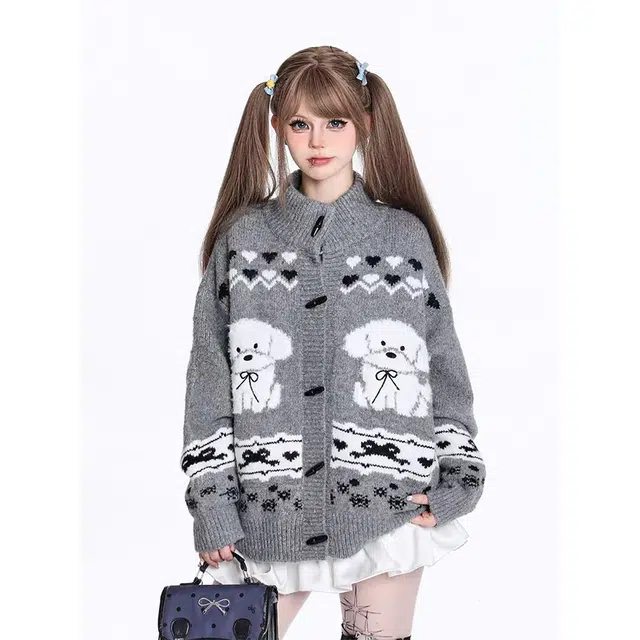 一碗士多 狗狗爱心图案特色纽扣美式复古高街时尚流行痞帅个性高级设计日常通勤宽松舒适百搭不挑人针织衫 男女同款