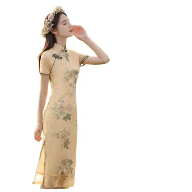 一碗士多 女夏季素雅复古中国风花朵中长款年轻款改良连衣裙旗袍 女款