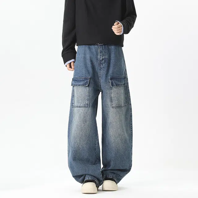 一碗士多 美式高街小众复古百搭经典做旧水洗拼接多口袋设计显高显瘦户外日常基础款宽松垂感拖地阔腿直筒牛仔裤 男女同款