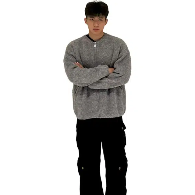 一碗士多 美式复古小众百搭纯色简约扎染拉链通勤日常户外个性时尚保暖宽松舒适柔软圆领落肩袖针织衫 男女同款