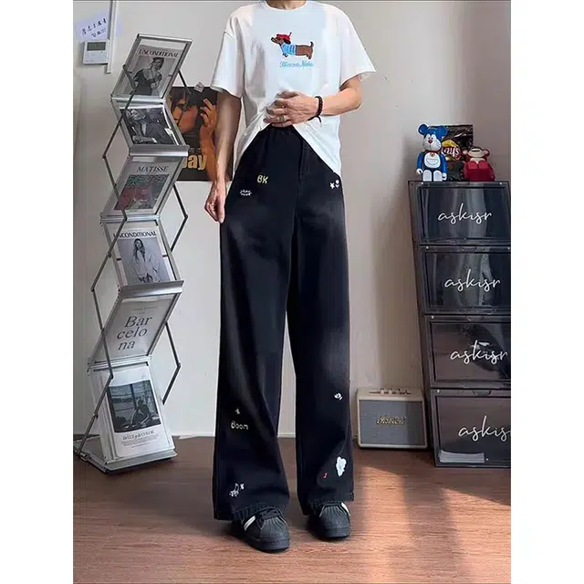 一碗士多 拼接水洗做旧卡通印花美式复古直筒高街时尚流行痞帅个性高级设计日常通勤宽松舒适百搭牛仔裤 男女同款