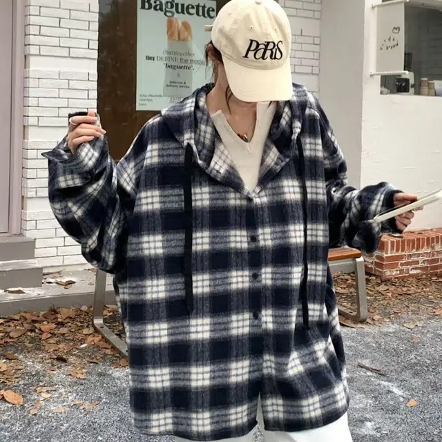 一碗士多 格纹撞色连帽系带拼接静默美式复古宽松舒适休闲百搭日常城市户外通勤出街拍照小众个性化高级感无性别主义风慵懒感衬衫 男女同款