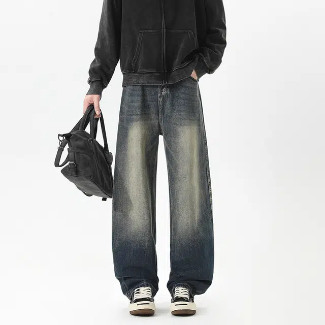 一碗士多 美式高街复古小众百搭简约渐变经典做旧水洗基础款日常通勤微喇垂感拖地宽松阔腿直筒牛仔裤 男女同款