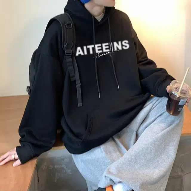 一碗士多 美式高街复古字母印花小众时尚青春垂感经典款百搭简约落肩纯色宽松舒适连帽长袖运动户外通勤卫衣 男女同款