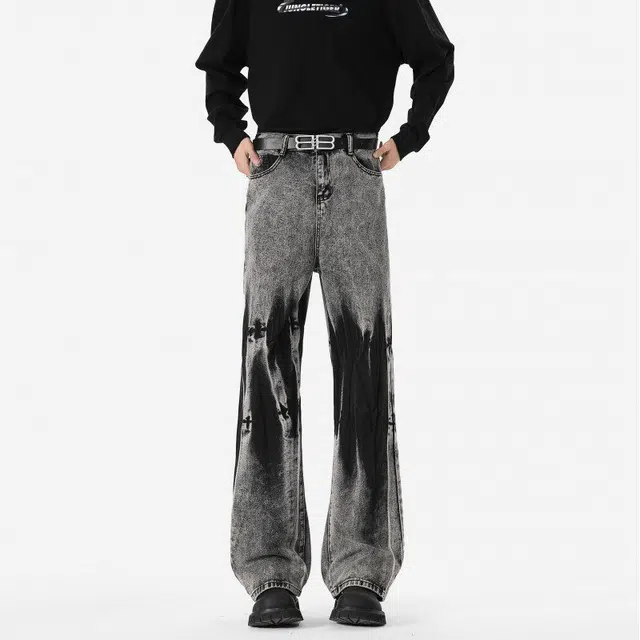 一碗士多 美式小众复古经典高街百搭做旧水洗痞帅个性时尚废土风日常渐变层次感通勤户外扎染设计阔腿直筒裤子牛仔裤 男女同款