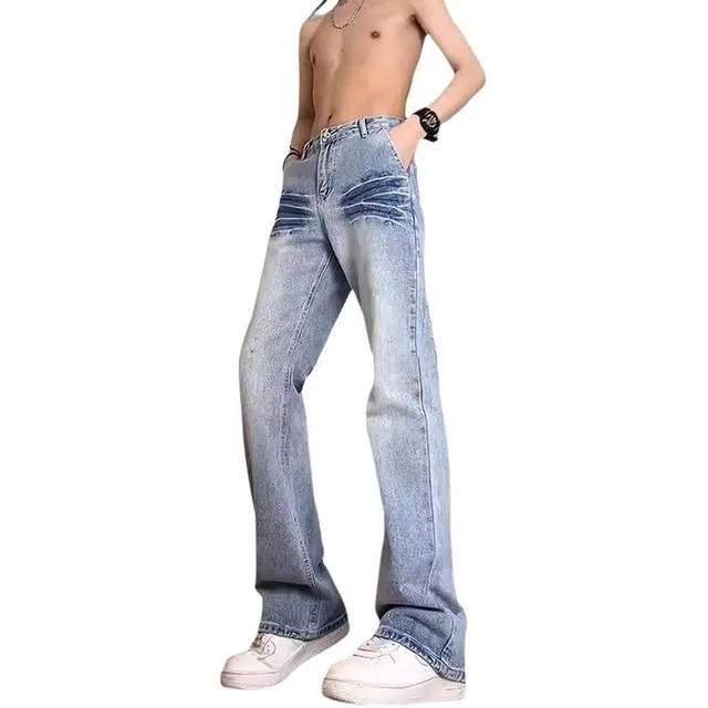 一碗士多 美式高街小众百搭闪电纹设计感做旧水洗个性时尚痞帅拍照垂感拖地阔腿直筒微喇经典款牛仔裤 男女同款