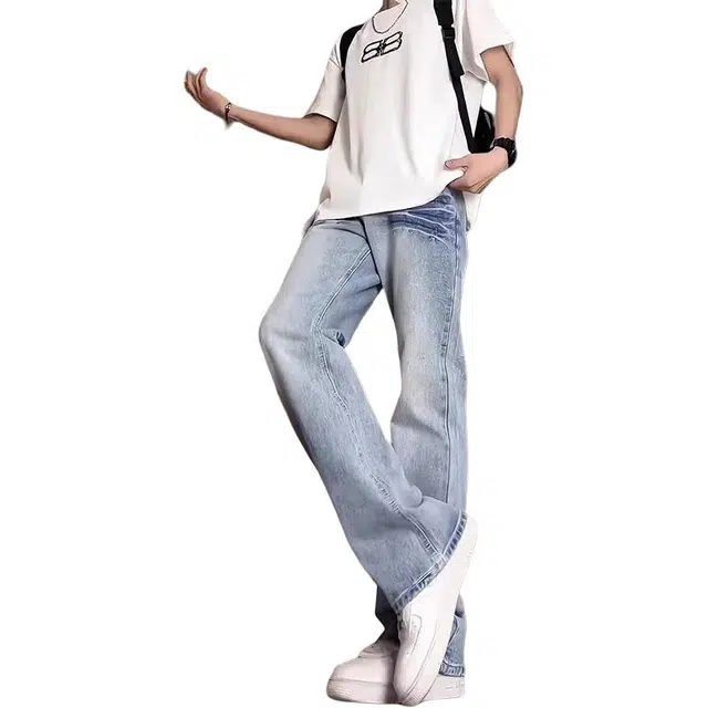 一碗士多 美式高街小众百搭闪电纹设计感做旧水洗个性时尚痞帅拍照垂感拖地阔腿直筒微喇经典款牛仔裤 男女同款