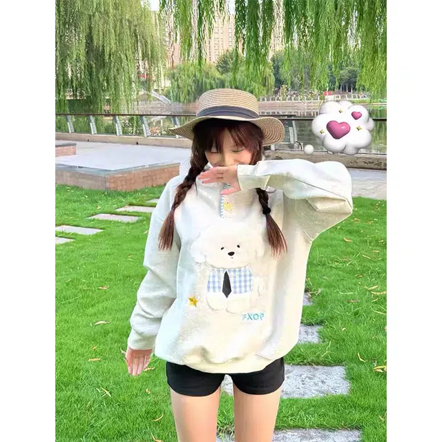 一碗士多 毛绒小狗卡通刺绣撞色拼接可爱慵懒风宽松舒适百搭不挑人显瘦日常户外运动出街拍照卫衣 男女同款