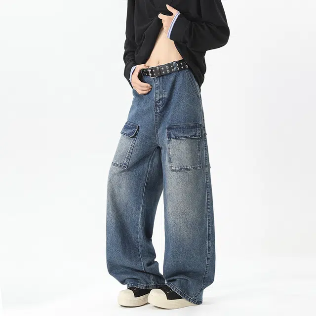 一碗士多 美式高街小众复古百搭经典做旧水洗拼接多口袋设计显高显瘦户外日常基础款宽松垂感拖地阔腿直筒牛仔裤 男女同款