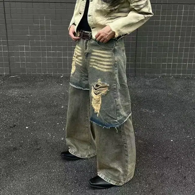 一碗士多 破洞假两件猫须水洗做旧磨白拖地美式高街潮流痞帅时尚炸街流行废土风设计感小众重工牛仔裤 男女同款