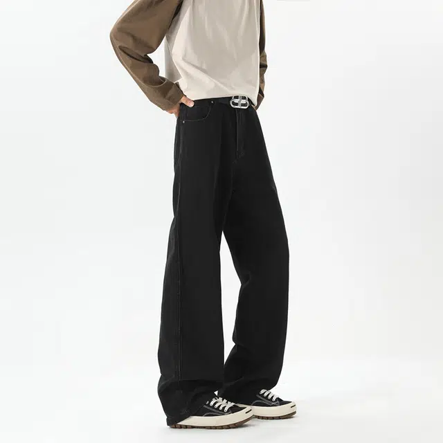 一碗士多 美式高街复古经典小众百搭简约纯色做旧水洗垂感拖地宽松阔腿直筒日常通勤基础款牛仔裤 男女同款