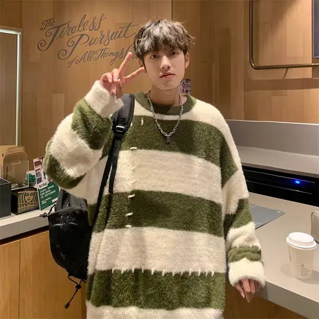 一碗士多 条纹拼接补丁圆领套头美式复古高街时尚流行痞帅个性高级设计日常通勤宽松舒适百搭不挑人针织衫 男女同款