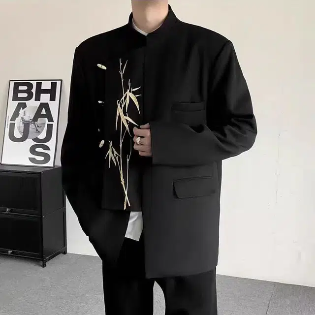 一碗士多 刺绣纯色纽扣多口袋新中式复古高街时尚流行痞帅个性高级设计日常通勤宽松舒适百搭不挑人西装 男女同款